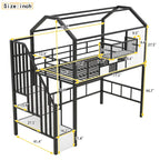 Lit mezzanine en métal une place avec toit, cadre de lit en forme de maison avec escalier