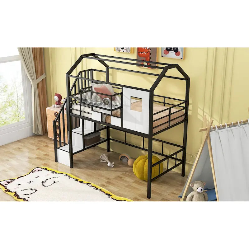 Lit mezzanine en métal une place avec toit, cadre de lit en forme de maison avec escalier