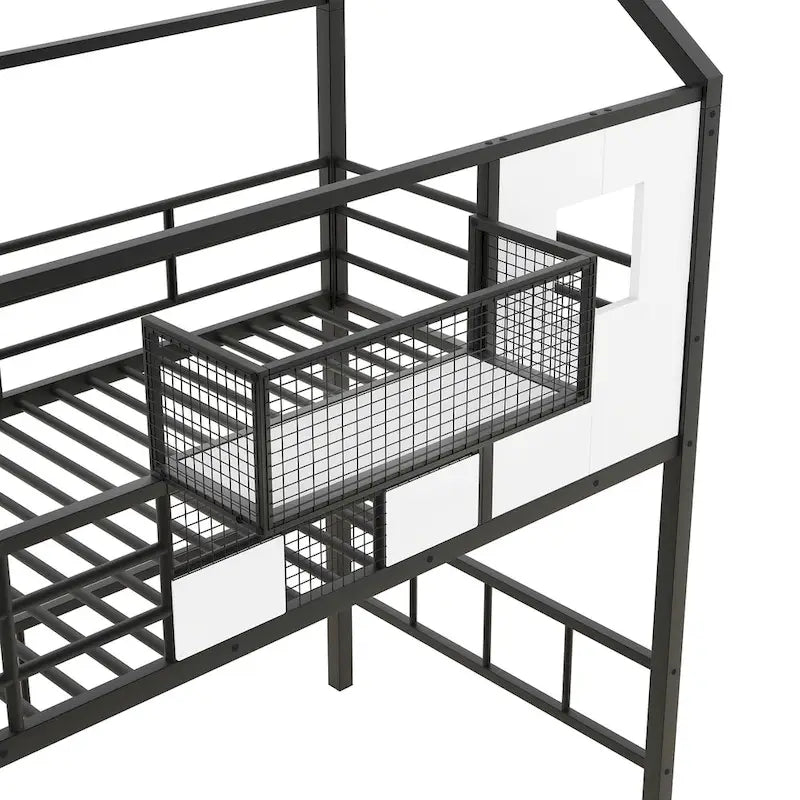 Lit mezzanine en métal une place avec toit, cadre de lit en forme de maison avec escalier