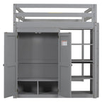 Lit mezzanine double en bois avec armoire intégrée et étagères de rangement