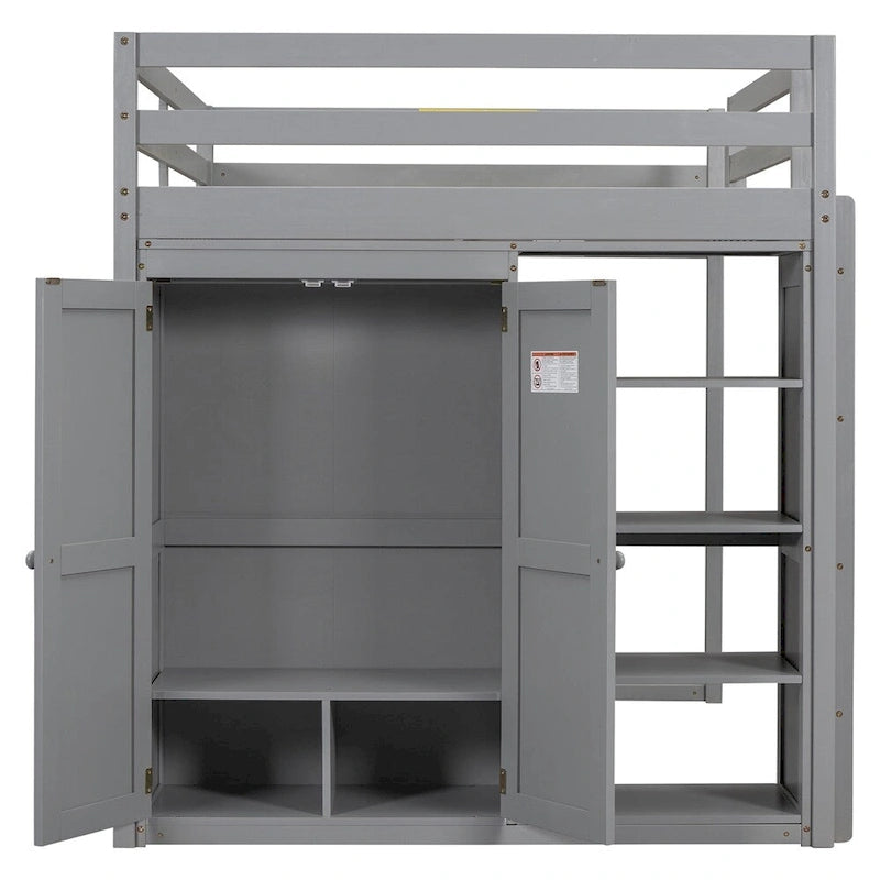 Lit mezzanine double en bois avec armoire intégrée et étagères de rangement