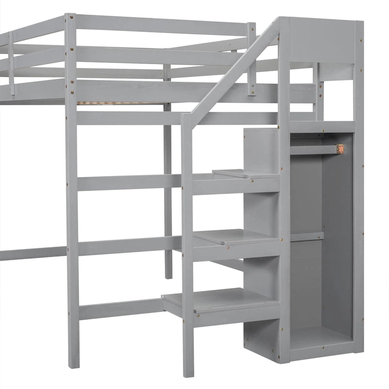 Lit mezzanine pleine grandeur avec armoire de rangement intégrée et escalier