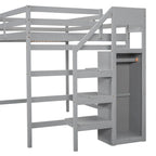 Lit mezzanine pleine grandeur avec armoire de rangement intégrée et escalier