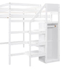 Lit mezzanine pleine grandeur avec armoire de rangement intégrée et escalier