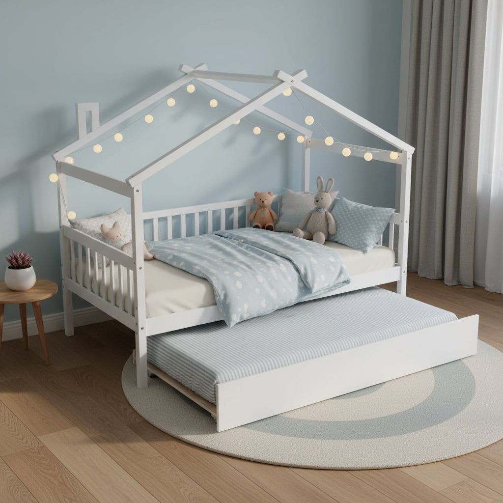Wooden House Bed with Twin Size Trundle