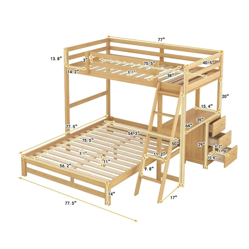 Lit superposé simple sur double avec bureau intégré, 3 tiroirs