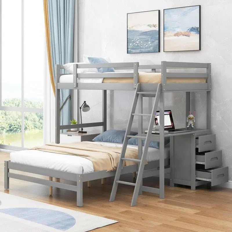 Lit superposé simple sur double avec bureau intégré, 3 tiroirs