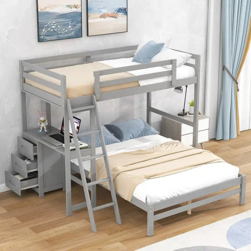 Lit superposé simple sur double avec bureau intégré, 3 tiroirs