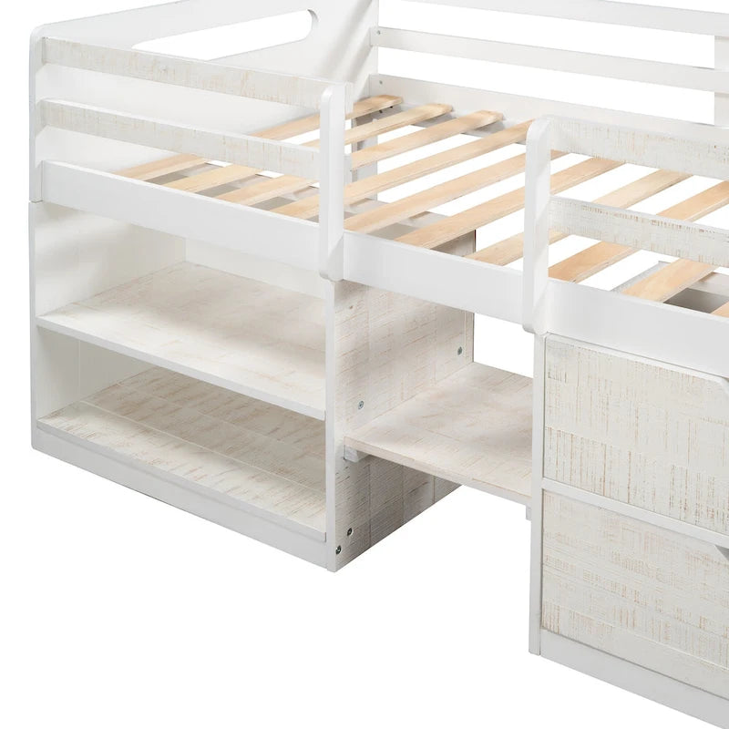 Lit mezzanine jumeau avec deux étagères et deux tiroirs