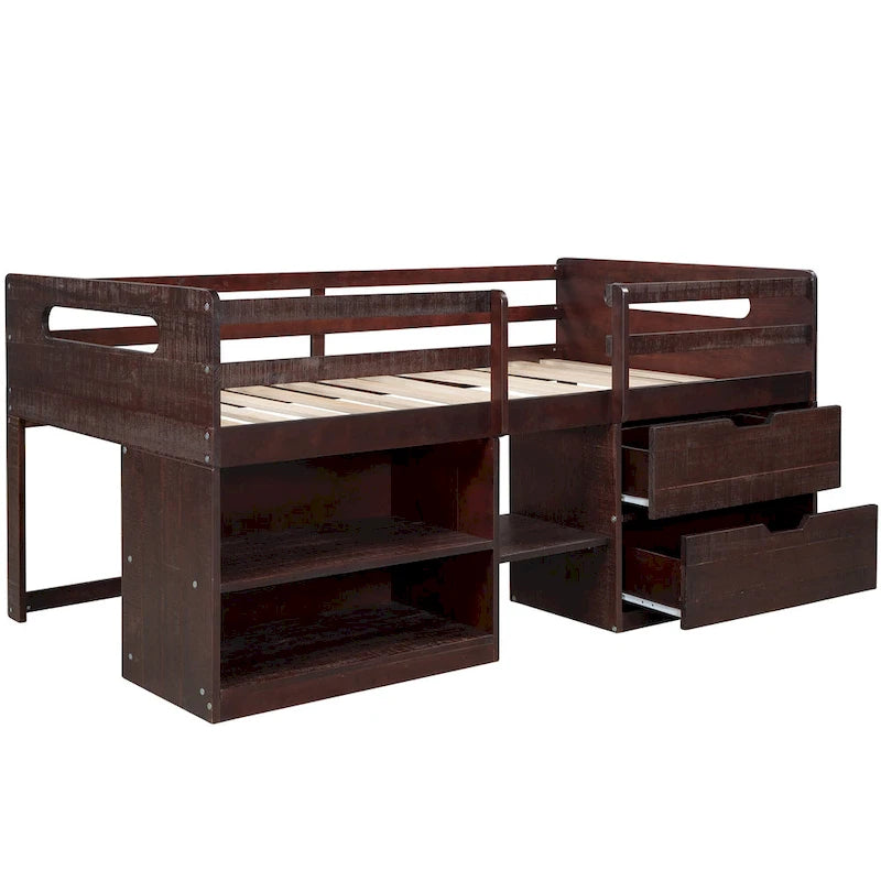 Lit mezzanine jumeau avec deux étagères et deux tiroirs