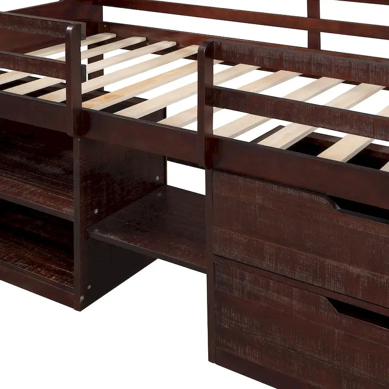 Lit mezzanine jumeau avec deux étagères et deux tiroirs