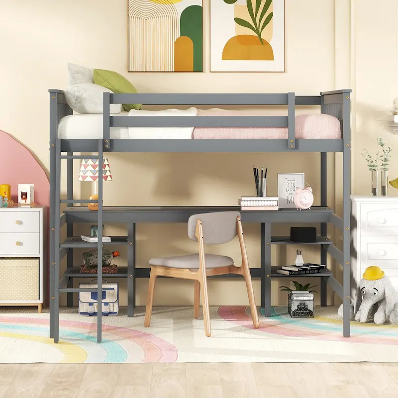 Lit mezzanine double avec bureau et étagères Lit mezzanine double en bois