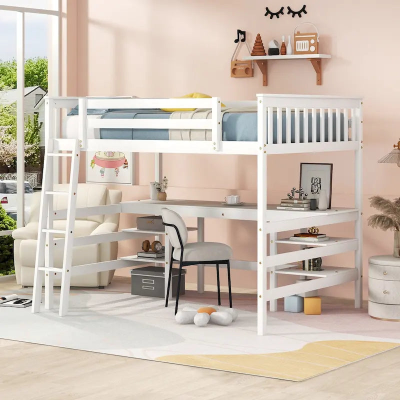 Lit mezzanine double avec bureau et étagères Lit mezzanine double en bois