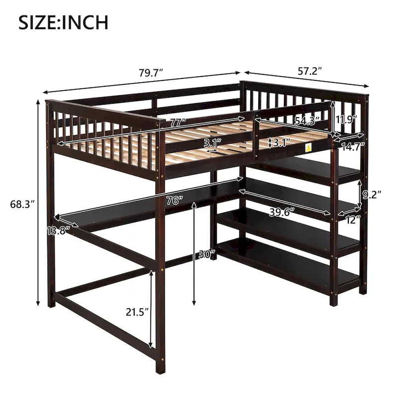 Lit mezzanine Nestfair en bois de taille double avec étagères et bureau