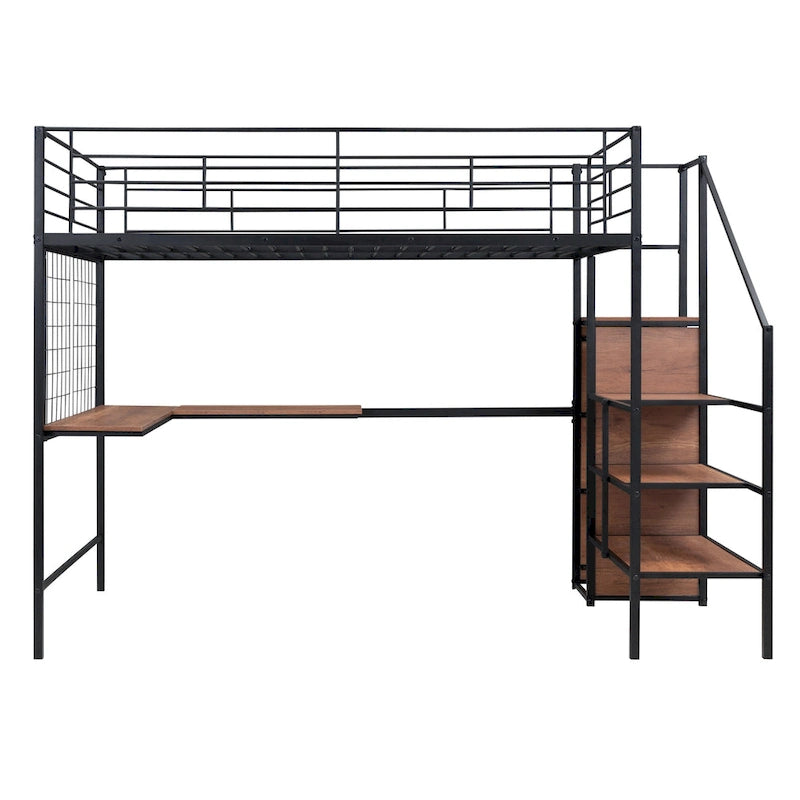 Lit mezzanine métallique pleine grandeur avec bureau et, cadre métallique élégant avec échelle de rangement latérale et armoire, noir
