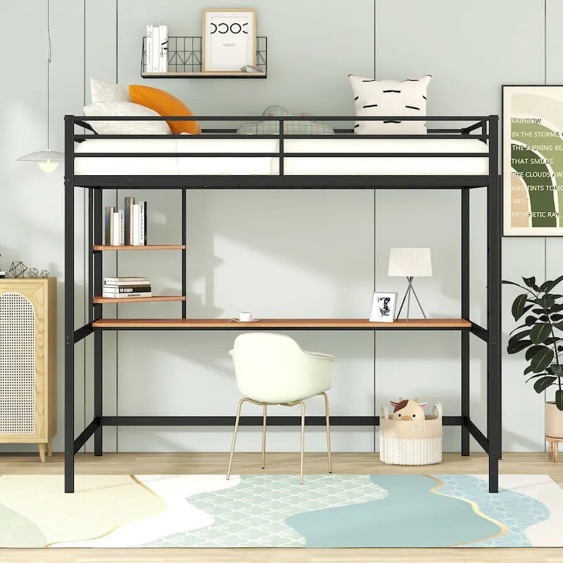 Lit mezzanine en métal avec bureau et étagère, noir