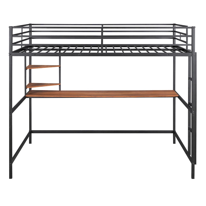 Lit mezzanine en métal avec bureau et étagère, noir