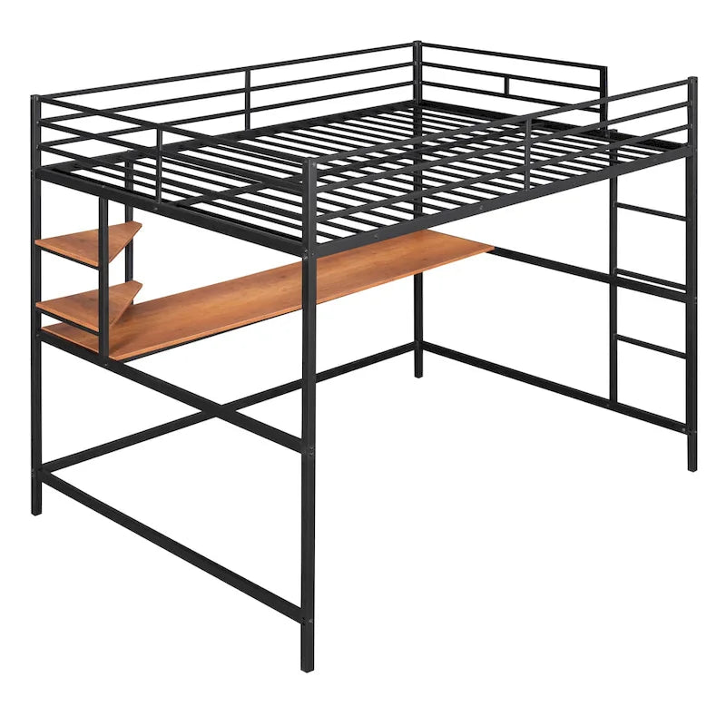 Lit mezzanine en métal avec bureau et étagère, noir