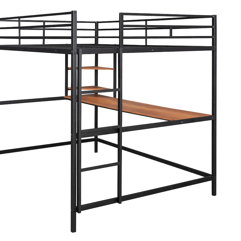 Lit mezzanine en métal avec bureau et étagère, noir