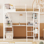 Lit mezzanine grand format avec 4 étagères et bureau en L, lit élégant à cadre métallique, ports USB et chargement sans fil, blanc