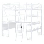 Lit mezzanine grand format avec 4 étagères et bureau en L, lit élégant à cadre métallique, ports USB et chargement sans fil, blanc