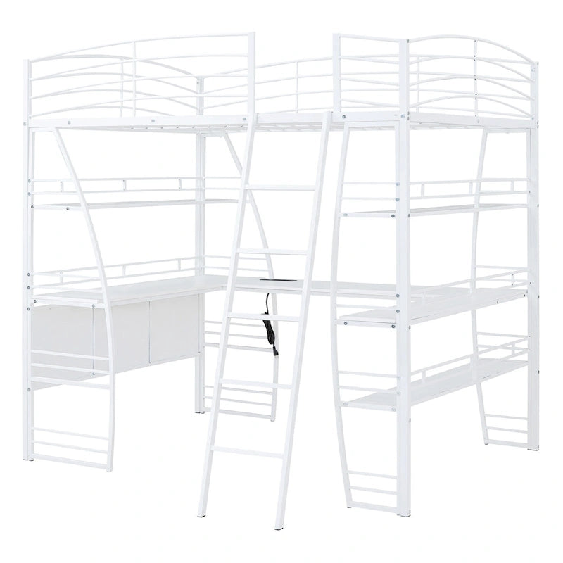 Lit mezzanine grand format avec 4 étagères et bureau en L, lit élégant à cadre métallique, ports USB et chargement sans fil, blanc