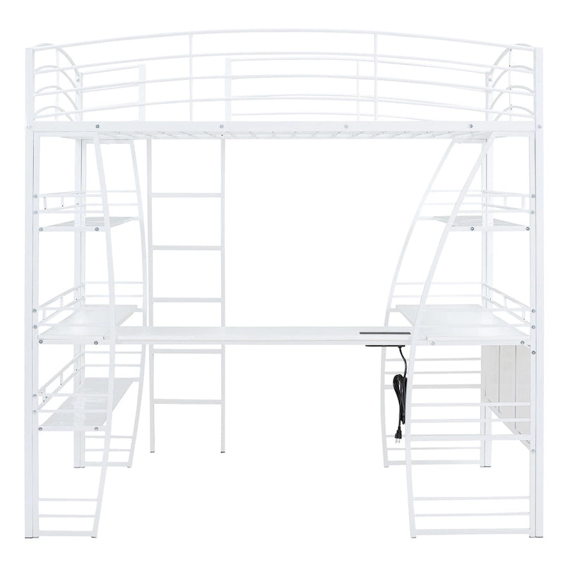 Lit mezzanine grand format avec 4 étagères et bureau en L, lit élégant à cadre métallique, ports USB et chargement sans fil, blanc