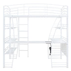 Lit mezzanine grand format avec 4 étagères et bureau en L, lit élégant à cadre métallique, ports USB et chargement sans fil, blanc
