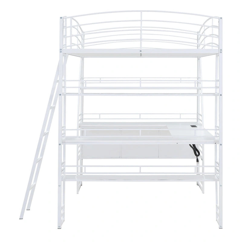 Lit mezzanine grand format avec 4 étagères et bureau en L, lit élégant à cadre métallique, ports USB et chargement sans fil, blanc