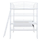 Lit mezzanine grand format avec 4 étagères et bureau en L, lit élégant à cadre métallique, ports USB et chargement sans fil, blanc