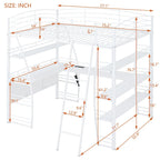 Lit mezzanine grand format avec 4 étagères et bureau en L, lit élégant à cadre métallique, ports USB et chargement sans fil, blanc