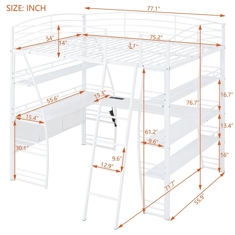 Lit mezzanine grand format avec 4 étagères et bureau en L, lit élégant à cadre métallique, ports USB et chargement sans fil, blanc