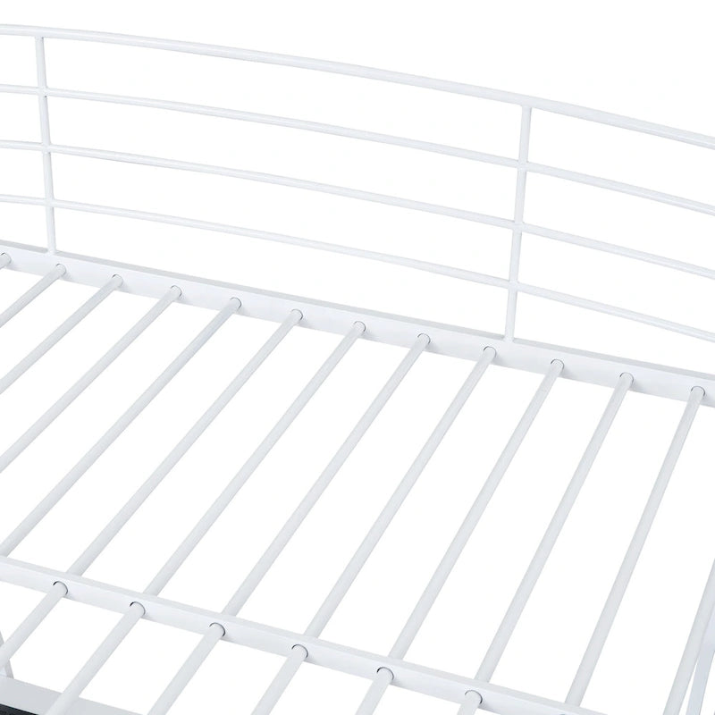 Lit mezzanine grand format avec 4 étagères et bureau en L, lit élégant à cadre métallique, ports USB et chargement sans fil, blanc
