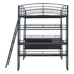 Lit mezzanine grand format avec 4 étagères et bureau en L, lit élégant à cadre métallique, ports USB et chargement sans fil, blanc