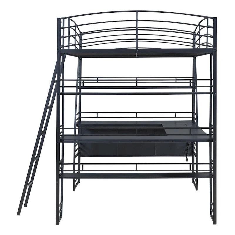 Lit mezzanine grand format avec 4 étagères et bureau en L, lit élégant à cadre métallique, ports USB et chargement sans fil, blanc
