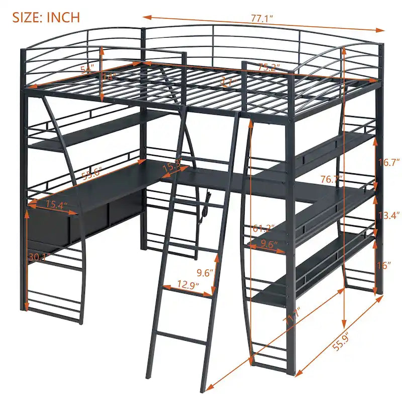Lit mezzanine grand format avec 4 étagères et bureau en L, lit élégant à cadre métallique, ports USB et chargement sans fil, blanc