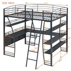 Lit mezzanine grand format avec 4 étagères et bureau en L, lit élégant à cadre métallique, ports USB et chargement sans fil, blanc