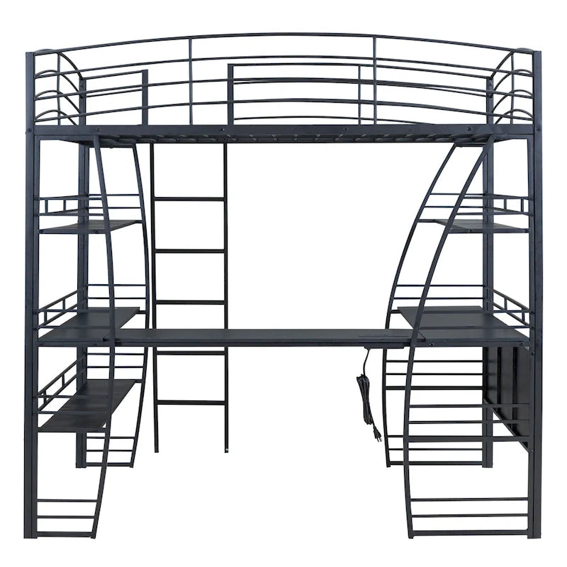 Lit mezzanine grand format avec 4 étagères et bureau en L, lit élégant à cadre métallique, ports USB et chargement sans fil, blanc