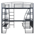 Lit mezzanine grand format avec 4 étagères et bureau en L, lit élégant à cadre métallique, ports USB et chargement sans fil, blanc