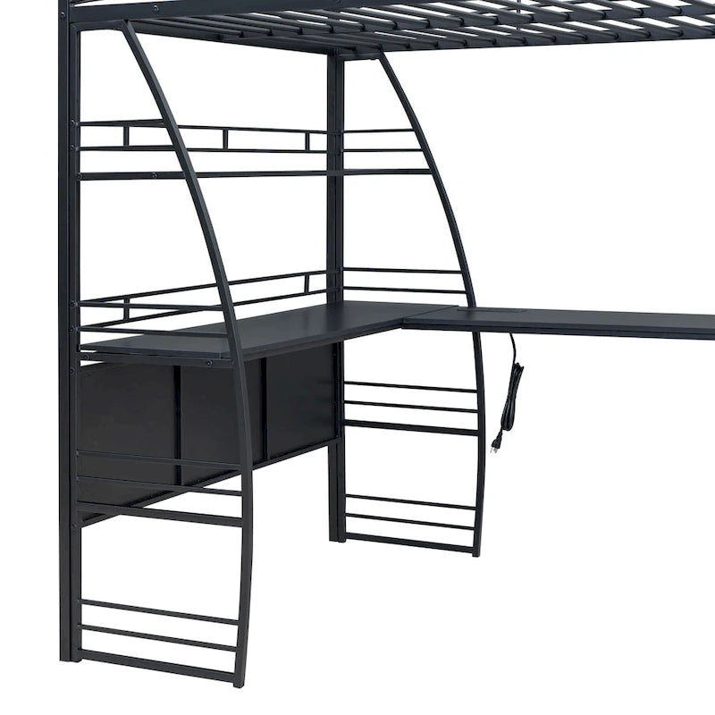 Lit mezzanine grand format avec 4 étagères et bureau en L, lit élégant à cadre métallique, ports USB et chargement sans fil, blanc