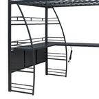 Lit mezzanine grand format avec 4 étagères et bureau en L, lit élégant à cadre métallique, ports USB et chargement sans fil, blanc