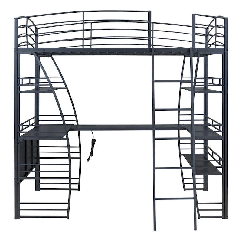 Lit mezzanine grand format avec 4 étagères et bureau en L, lit élégant à cadre métallique, ports USB et chargement sans fil, blanc