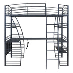 Lit mezzanine grand format avec 4 étagères et bureau en L, lit élégant à cadre métallique, ports USB et chargement sans fil, blanc