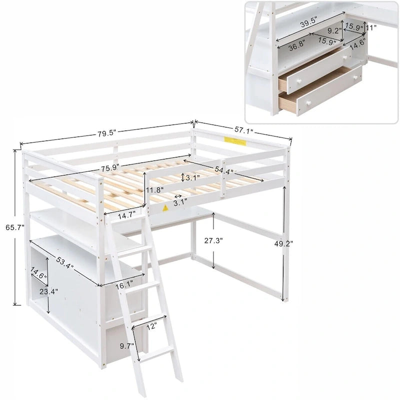 Lit mezzanine en bois Merax avec bureau, étagères et tiroirs