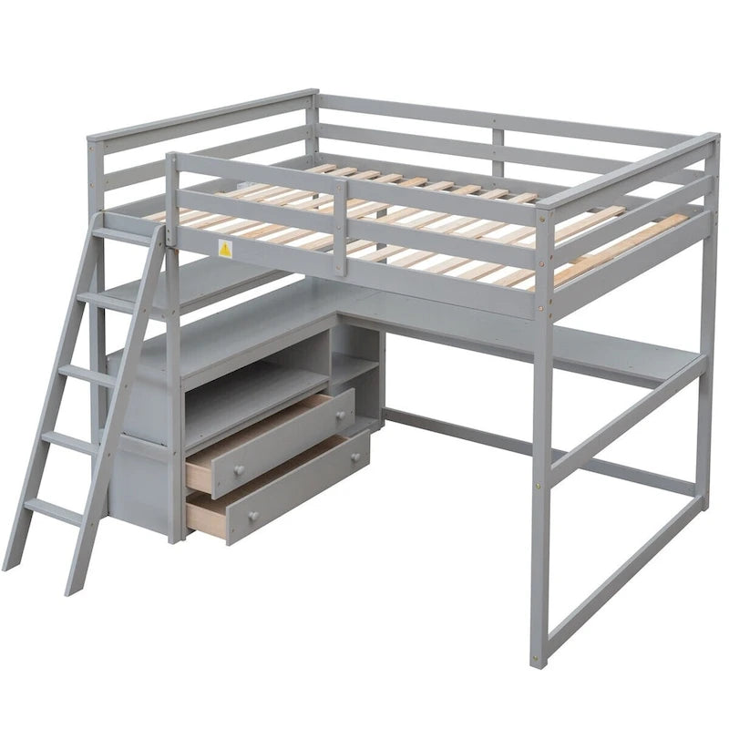 Lit mezzanine en bois Merax avec bureau, étagères et tiroirs