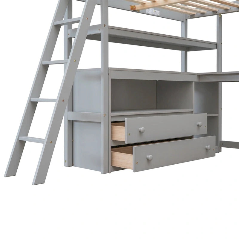Lit mezzanine en bois Merax avec bureau, étagères et tiroirs
