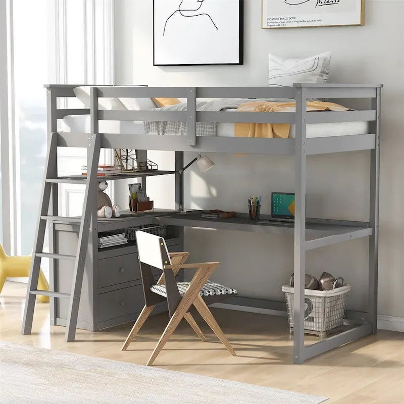 Lit mezzanine en bois Merax avec bureau, étagères et tiroirs