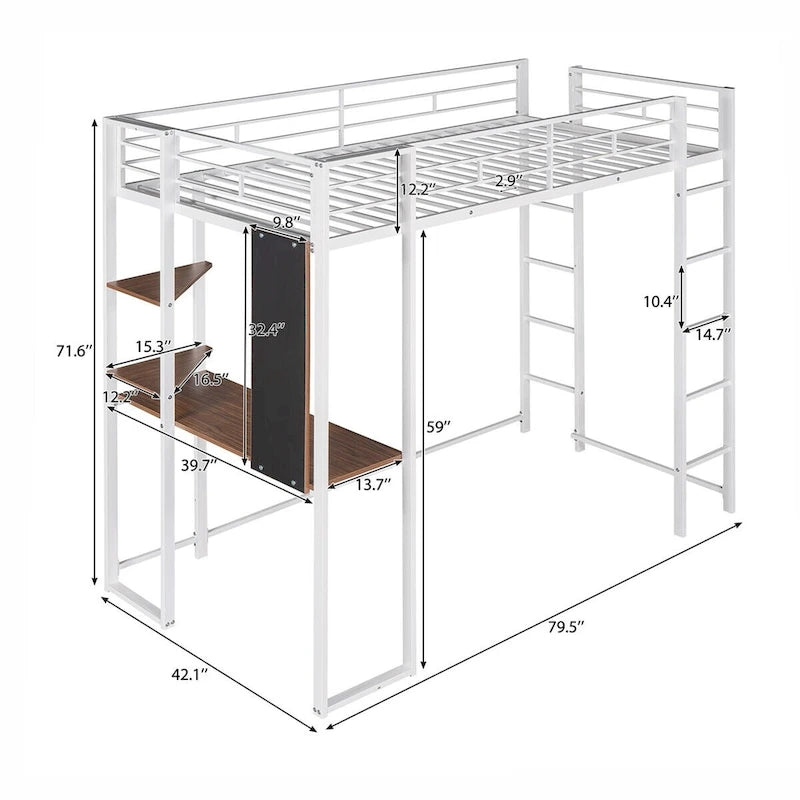 Lit mezzanine en métal pour lits jumeaux avec bureau et étagères