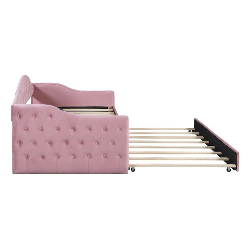Twin Size Tufted Upholstered Daybed with Trundle ,Velvet Sofabed with USB&Type-C Charging Ports