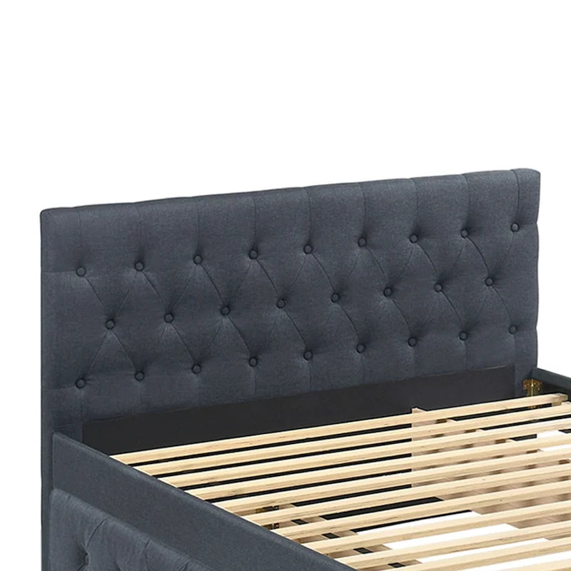 Lit double entièrement tapissé en tissu avec lit gigogne